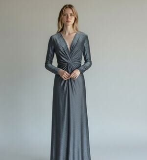 Reformation Theo Metallic Shimmer Dress Silver Long Sleeve Knot Front Size S